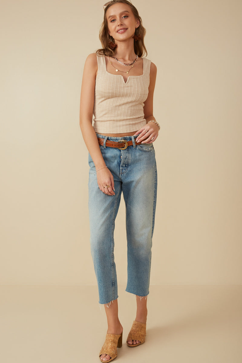 HY8210 Oatmeal Womens Notch Detail Rib Knit Fitted Tank Full Body