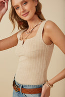 HY8210 Oatmeal Womens Notch Detail Rib Knit Fitted Tank Side