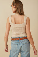 HY8210 Oatmeal Womens Notch Detail Rib Knit Fitted Tank Back
