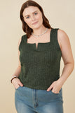 HY8210W Green Plus Notch Detail Rib Knit Fitted Tank Front