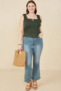 HY8210W Green Plus Notch Detail Rib Knit Fitted Tank Full Body