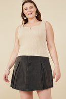 HY8210W Oatmeal Plus Notch Detail Rib Knit Fitted Tank Front