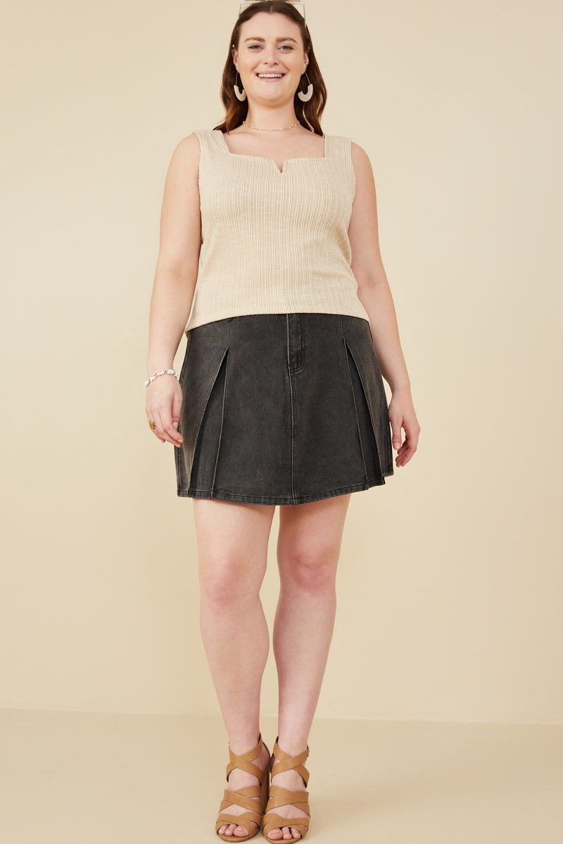 HY8210W Oatmeal Plus Notch Detail Rib Knit Fitted Tank Full Body