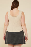 HY8210W Oatmeal Plus Notch Detail Rib Knit Fitted Tank Back