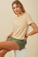 HY8216 Womens Studded Star Patch Textured Knit T Shirt Front