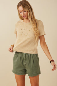 HY8216 Womens Studded Star Patch Textured Knit T Shirt Full Body