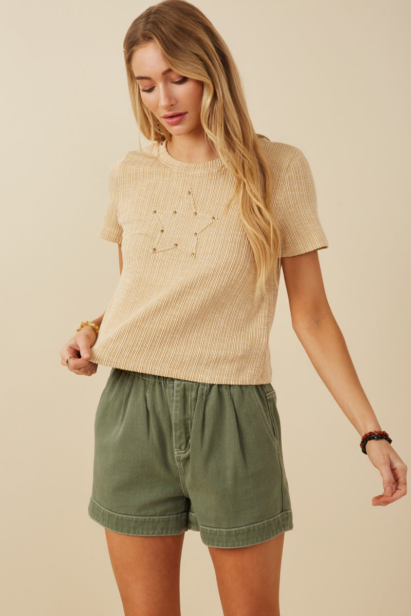 HY8216 Womens Studded Star Patch Textured Knit T Shirt Full Body