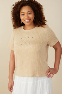 HY8216W Ivory Plus Studded Star Patch Textured Knit T Shirt Pose