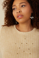 HY8216W Ivory Plus Studded Star Patch Textured Knit T Shirt Gif