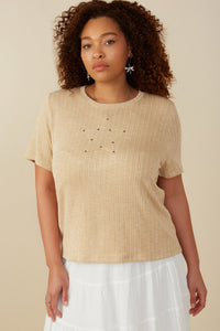 HY8216W Ivory Plus Studded Star Patch Textured Knit T Shirt Detail
