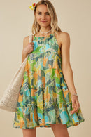 HY8217 Blue Mix Womens Textured Botanical Print Tiered Tank Dress Front