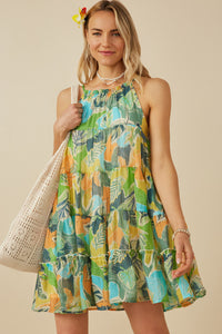 HY8217 Blue Mix Womens Textured Botanical Print Tiered Tank Dress Front