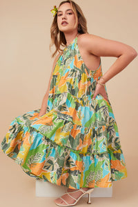 HY8217W Blue Mix Plus Textured Botanical Print Tiered Tank Dress Pose