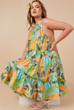 HY8217W Blue Mix Plus Textured Botanical Print Tiered Tank Dress Pose