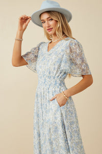 HY8223 Yellow Womens Foiled Mesh Antique Floral Smocked Dress Gif