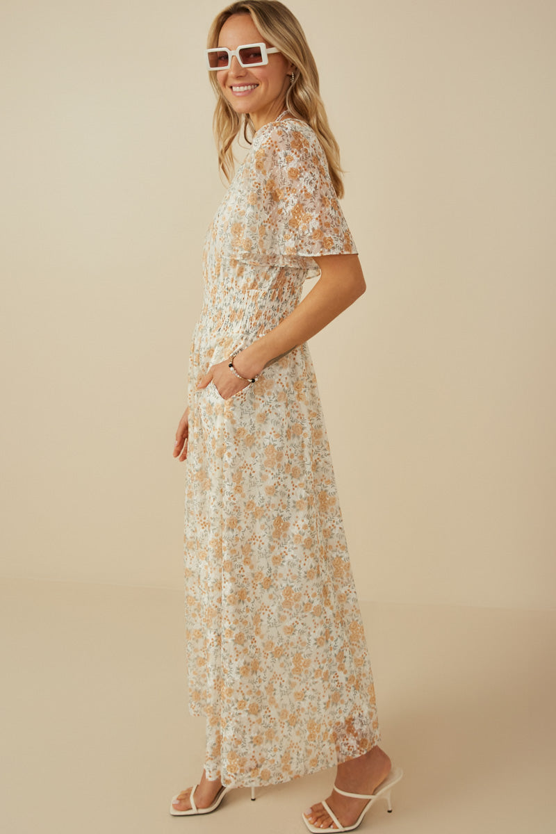 Floral Foiled Mesh Maxi Smocked Dress