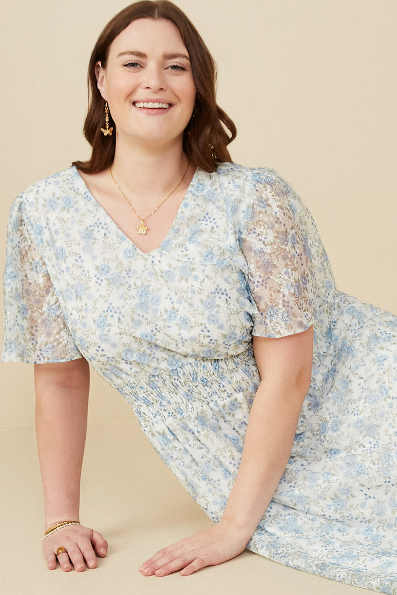 Foiled Mesh Antique Floral Smocked Dress