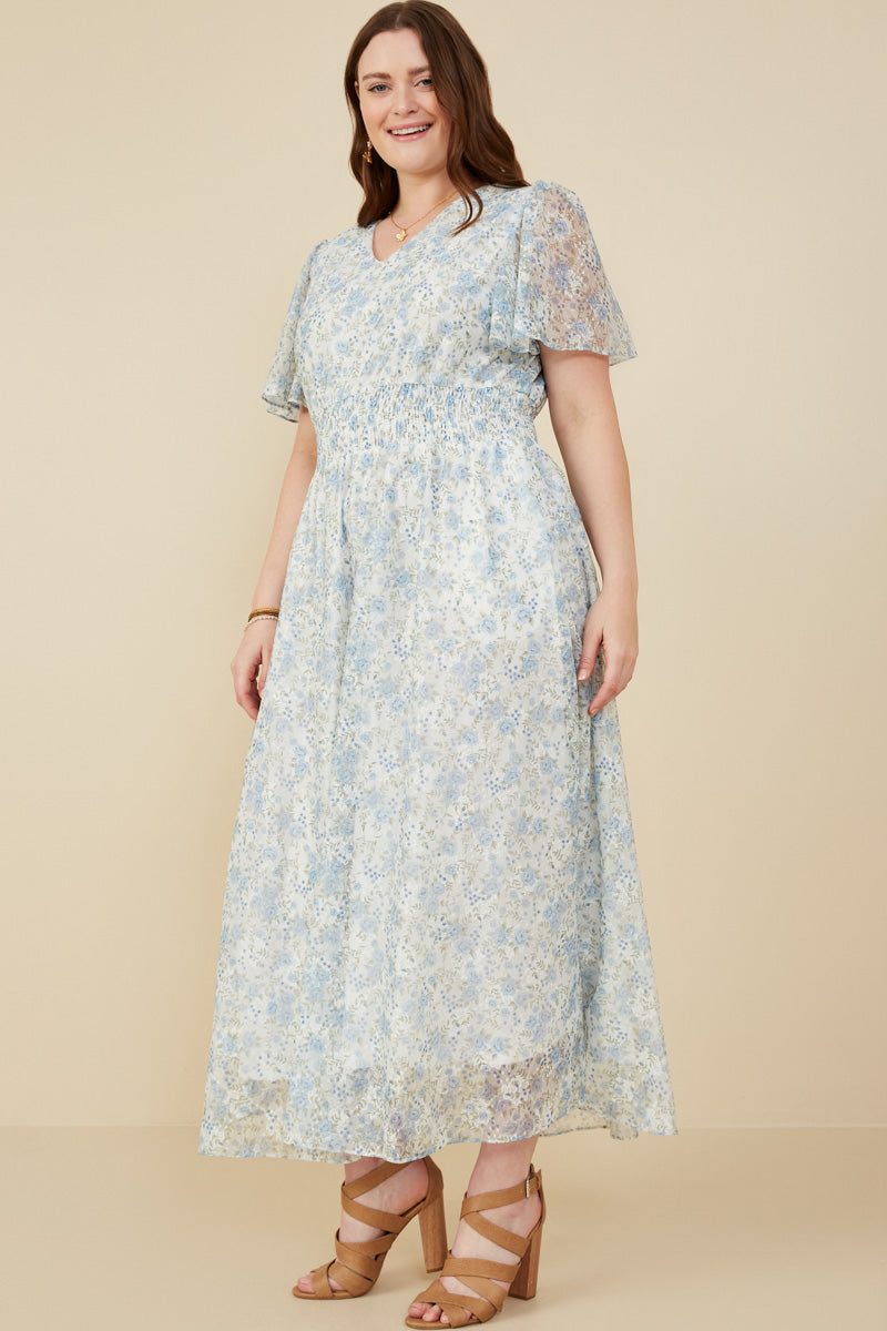 HY8223 Yellow Womens Foiled Mesh Antique Floral Smocked Dress Detail