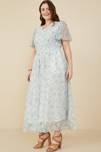 HY8223 Yellow Womens Foiled Mesh Antique Floral Smocked Dress Detail