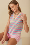 HY8227W Pink Mix Plus Open Knit Multi Stripe Boxy Tank Front