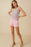 HY8227 Pink Mix Womens Open Knit Multi Stripe Boxy Tank Gif