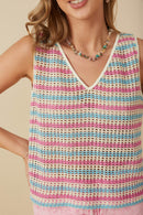 HY8227 Pink Mix Womens Open Knit Multi Stripe Boxy Tank Full Body
