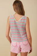 HY8227 Pink Mix Womens Open Knit Multi Stripe Boxy Tank Front