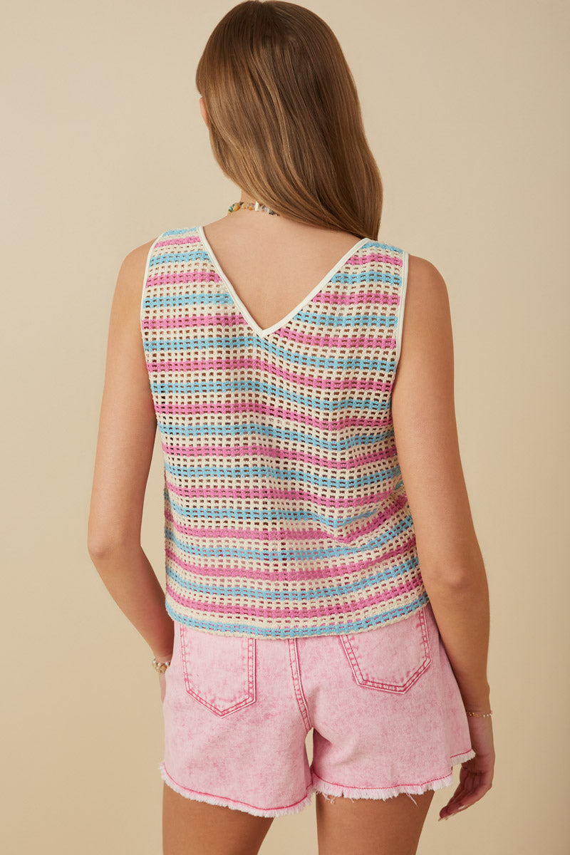 HY8227 Pink Mix Womens Open Knit Multi Stripe Boxy Tank Front