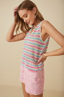 HY8227 Pink Mix Womens Open Knit Multi Stripe Boxy Tank Back