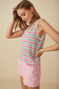 HY8227 Pink Mix Womens Open Knit Multi Stripe Boxy Tank Back