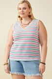 HY8227 Pink Mix Womens Open Knit Multi Stripe Boxy Tank Pose