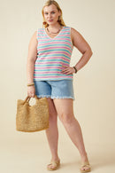 HY8227 Pink Mix Womens Open Knit Multi Stripe Boxy Tank Side