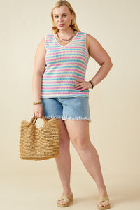HY8227 Pink Mix Womens Open Knit Multi Stripe Boxy Tank Side