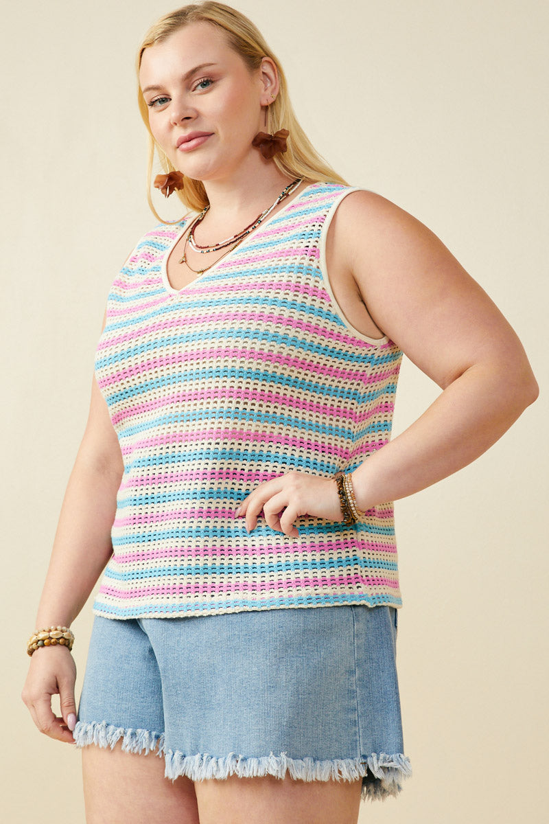 HY8227W Pink Mix Plus Open Knit Multi Stripe Boxy Tank Gif