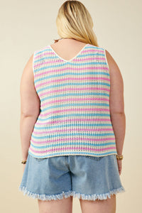 HY8227W Pink Mix Plus Open Knit Multi Stripe Boxy Tank Full Body