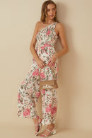 HY8232 Pink Womens Romantic Floral Smocked One Shoulder Jumpsuit Pose