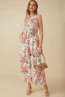 HY8232 Pink Womens Romantic Floral Smocked One Shoulder Jumpsuit Back