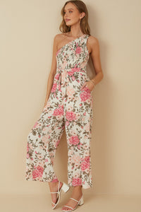 HY8232 Pink Womens Romantic Floral Smocked One Shoulder Jumpsuit Full Body 2