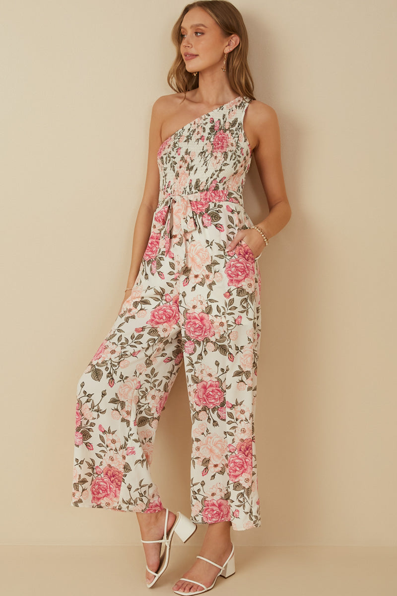 HY8232 Pink Womens Romantic Floral Smocked One Shoulder Jumpsuit Full Body 2