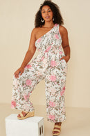 HY8232 Pink Womens Romantic Floral Smocked One Shoulder Jumpsuit Pose 2