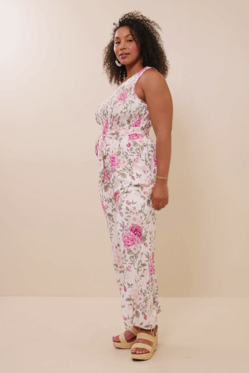 HY8232W Pink Plus Romantic Floral Smocked One Shoulder Jumpsuit Gif