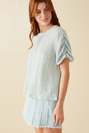 HY8247 Mint Womens Textured Gathered Sleeve Stretch Knit Top Front