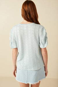 HY8247W Mint Plus Textured Gathered Sleeve Stretch Knit Top Gif