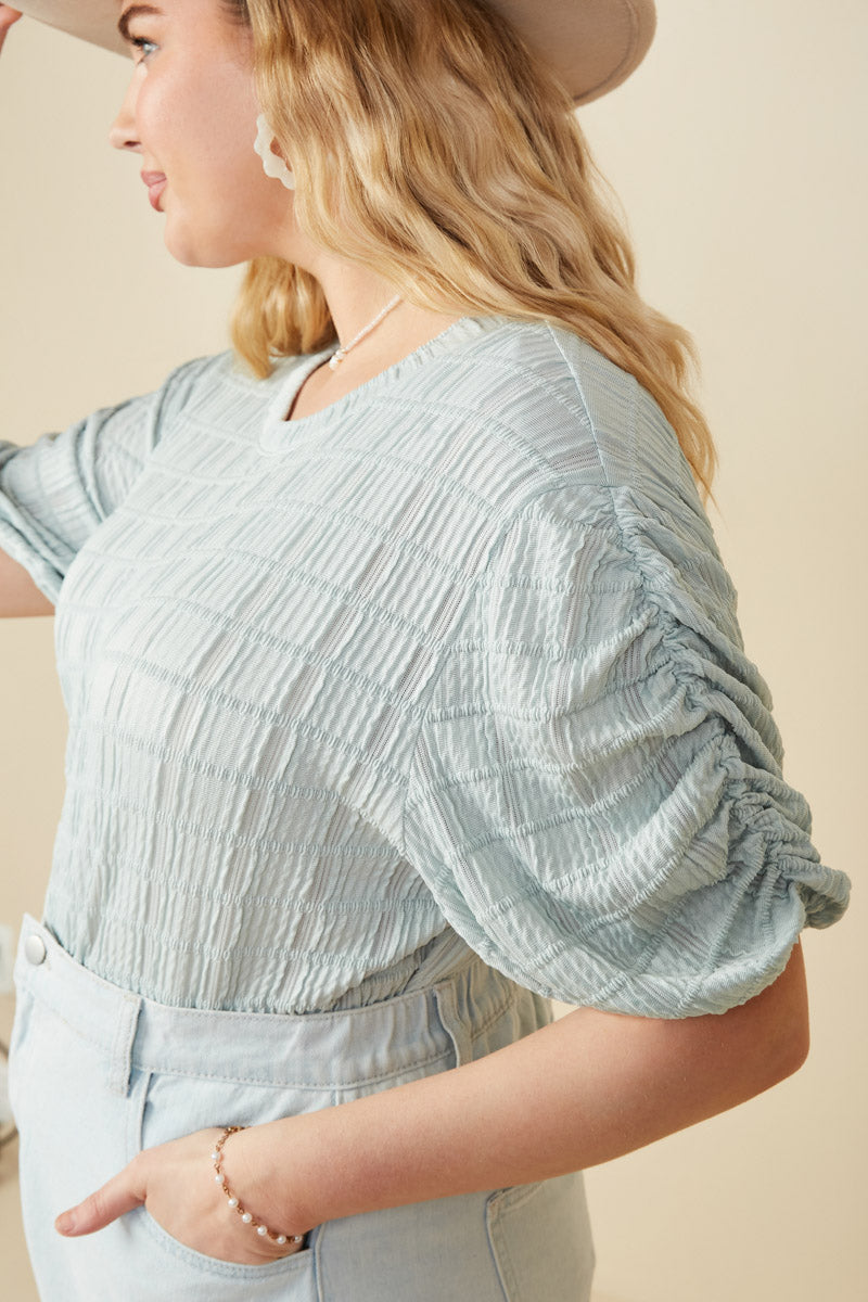 HY8247W Mint Plus Textured Gathered Sleeve Stretch Knit Top Back