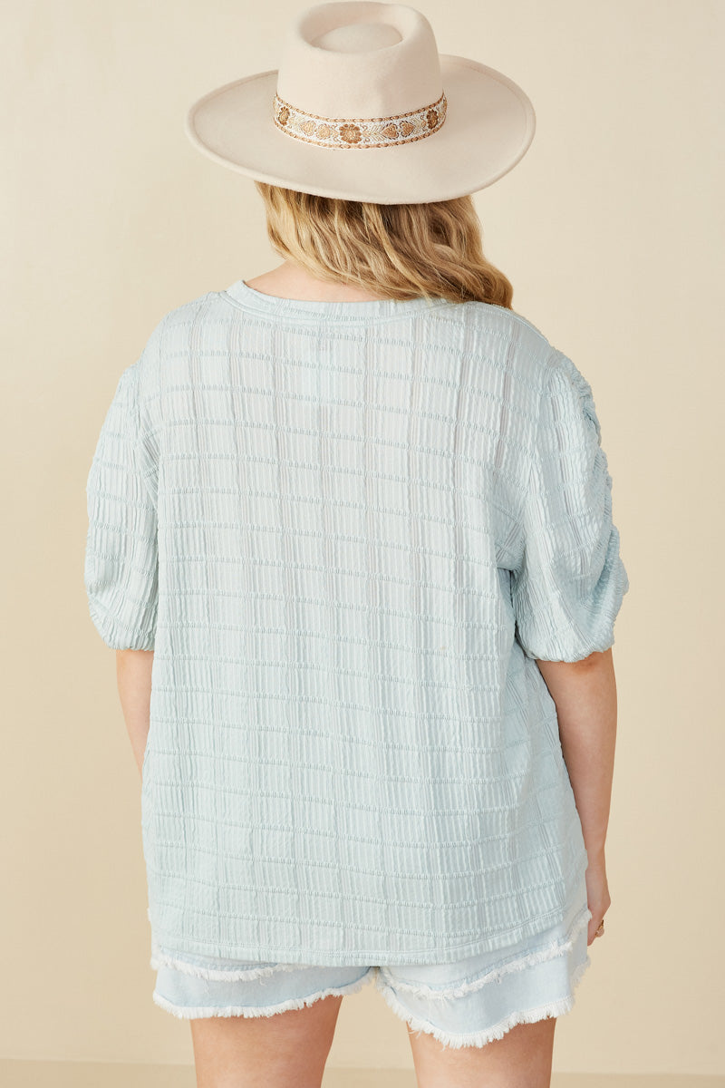 HY8247W Mint Plus Textured Gathered Sleeve Stretch Knit Top Side