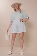 HY8247W Mint Plus Textured Gathered Sleeve Stretch Knit Top Pose