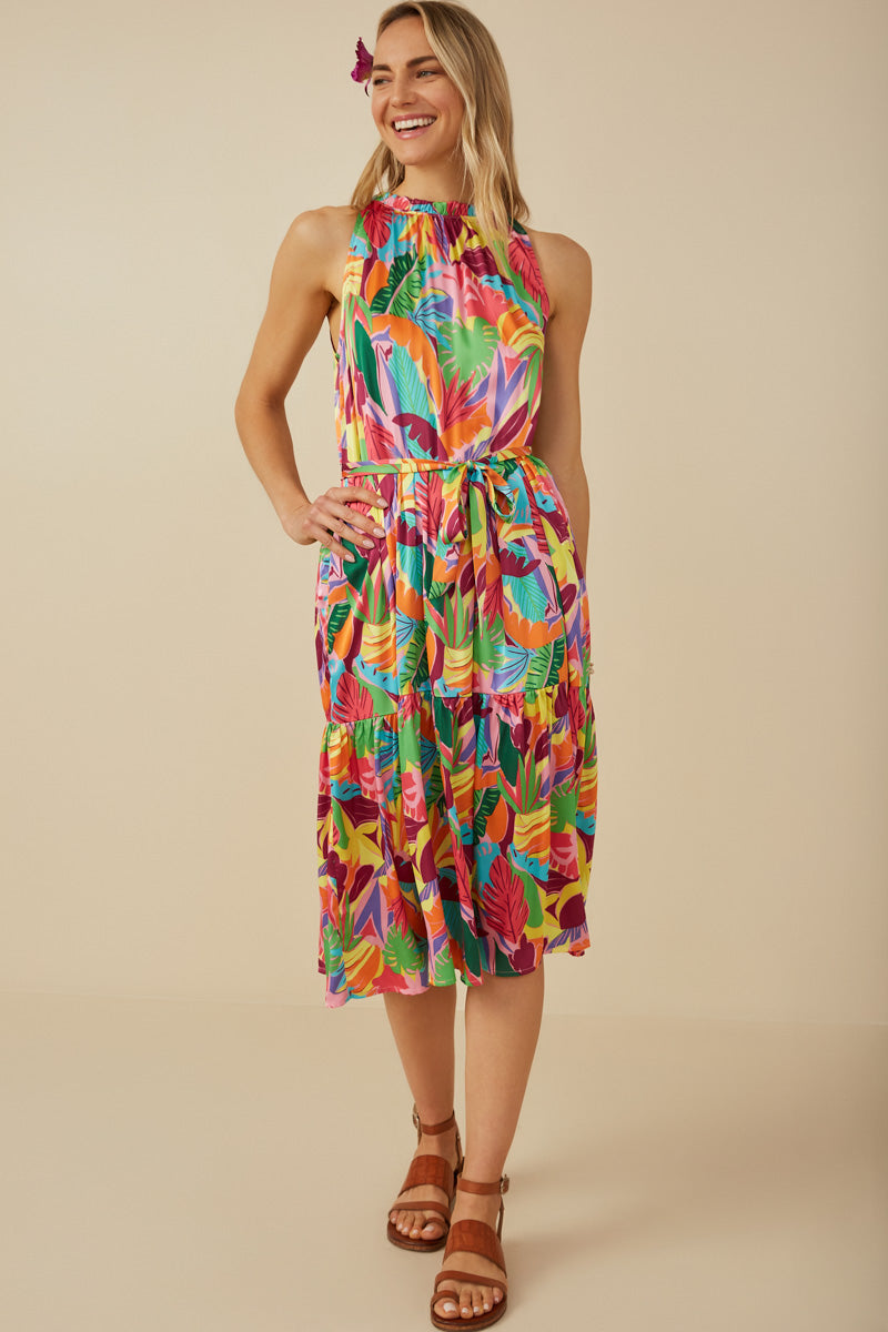Tropical Satin Chiffon Self Belted Dress