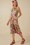 HY8259 Purple Mix Womens Tropical Satin Chiffon Self Belted Dress Side