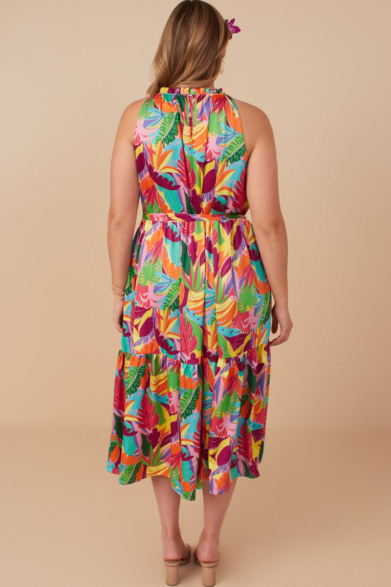 HY8259W Purple Mix Plus Tropical Satin Chiffon Self Belted Dress Back