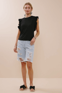 HY8264 Womens Ribbed Ruffled Detail Knit Tank Front